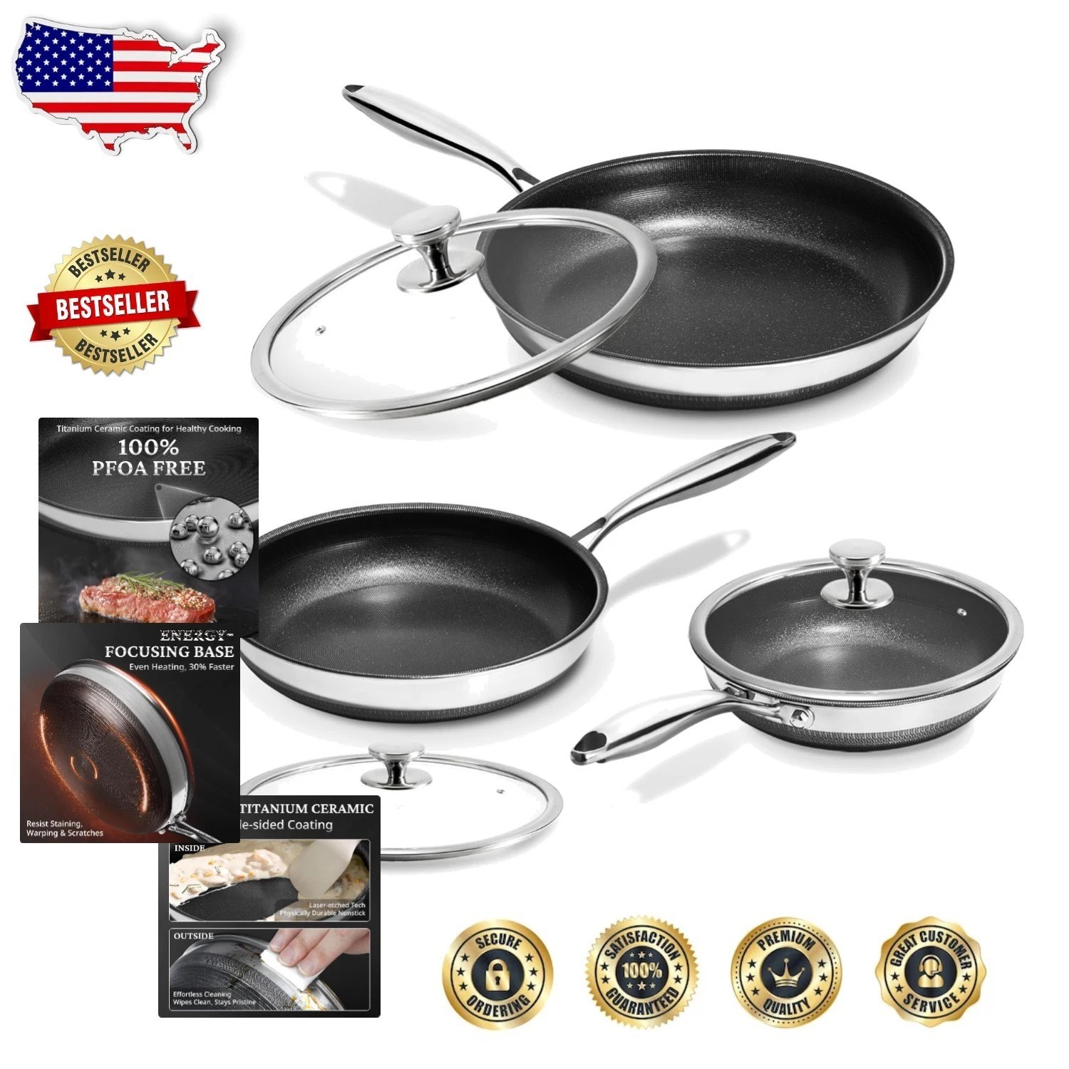 Professional 3-Piece Nonstick Skillet Set 8-12″ Titanium Ceramic Oven Safe