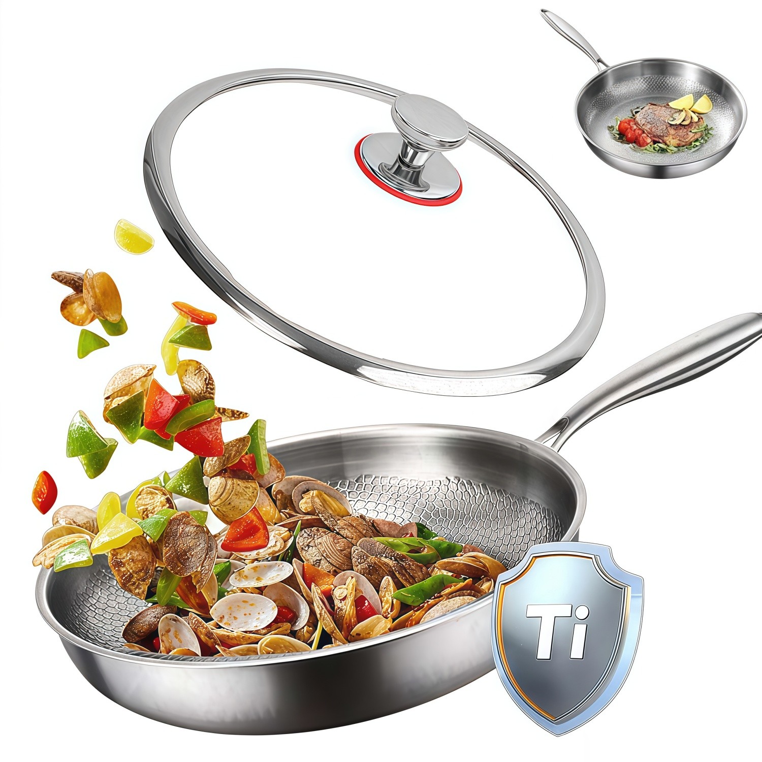 Pure Titanium Hammered Frying Pan with Lid, 12 Inch Skillet, No Coating Cookw…