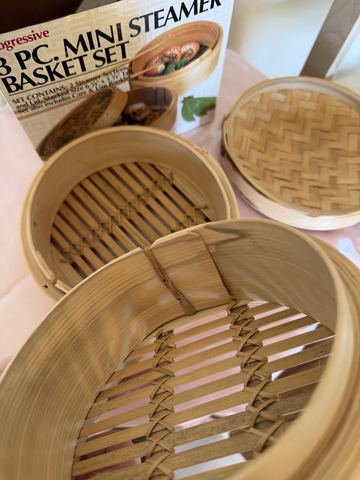 Vintage Progressive 3 Pc Mini Bamboo Steamer Basket Set 6 3/4″ New In Box NIB