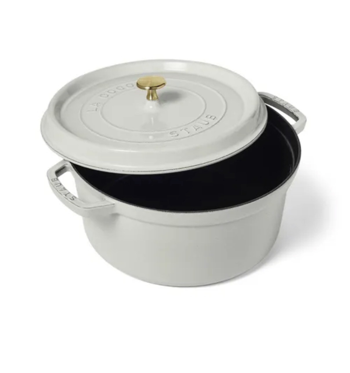 Staub Round Dutch Oven, 7 qt. White Truffle/Brass Knob. New In Box