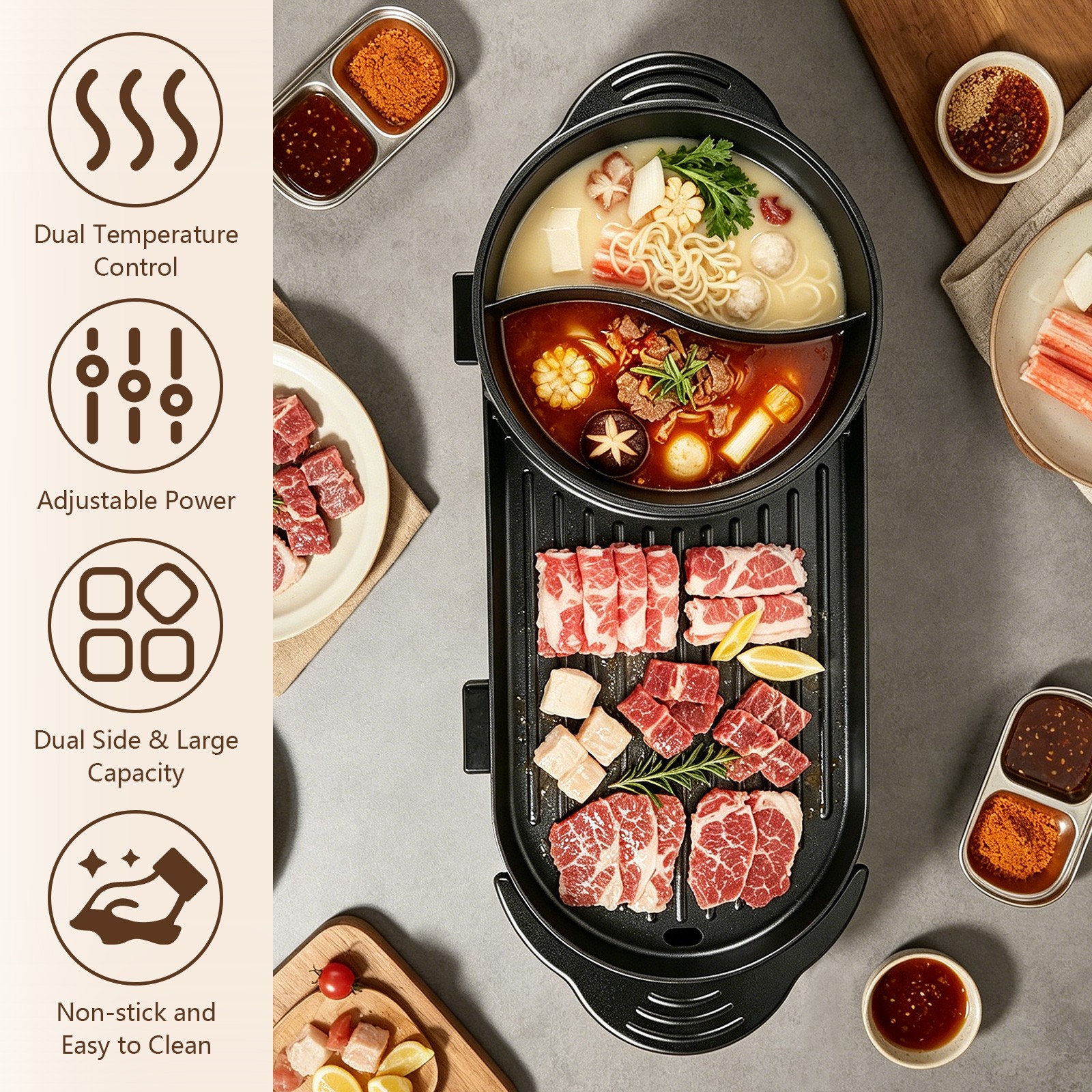 Electric Hot Pot with Grill Non-Stick BBQ Pan Dual Temperature Control 2000W