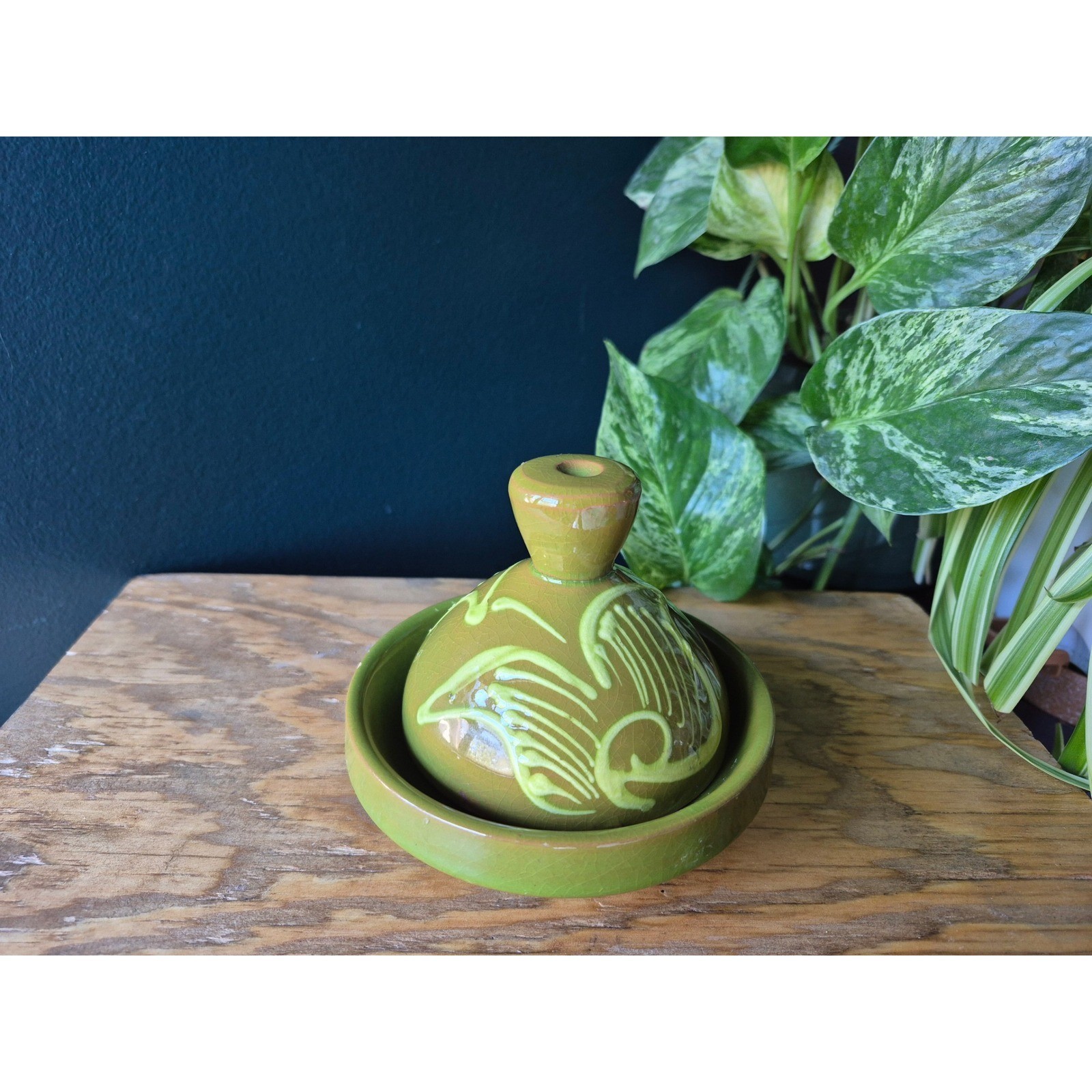 Vintage Studio Pottery Bird Butter Dish Avocado Green Crackle MCM Tagine