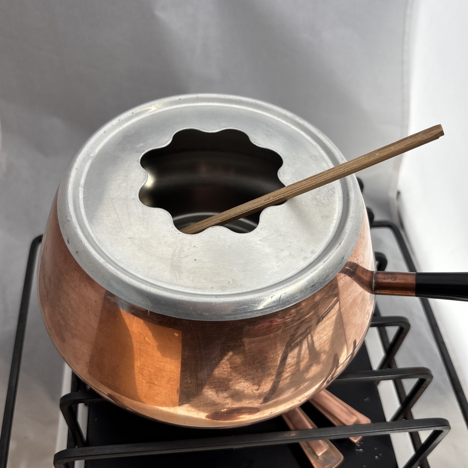 Vintage Spring Culinox Copper Fondue Pan Lids Sterno Burner Stand Forks Swiss