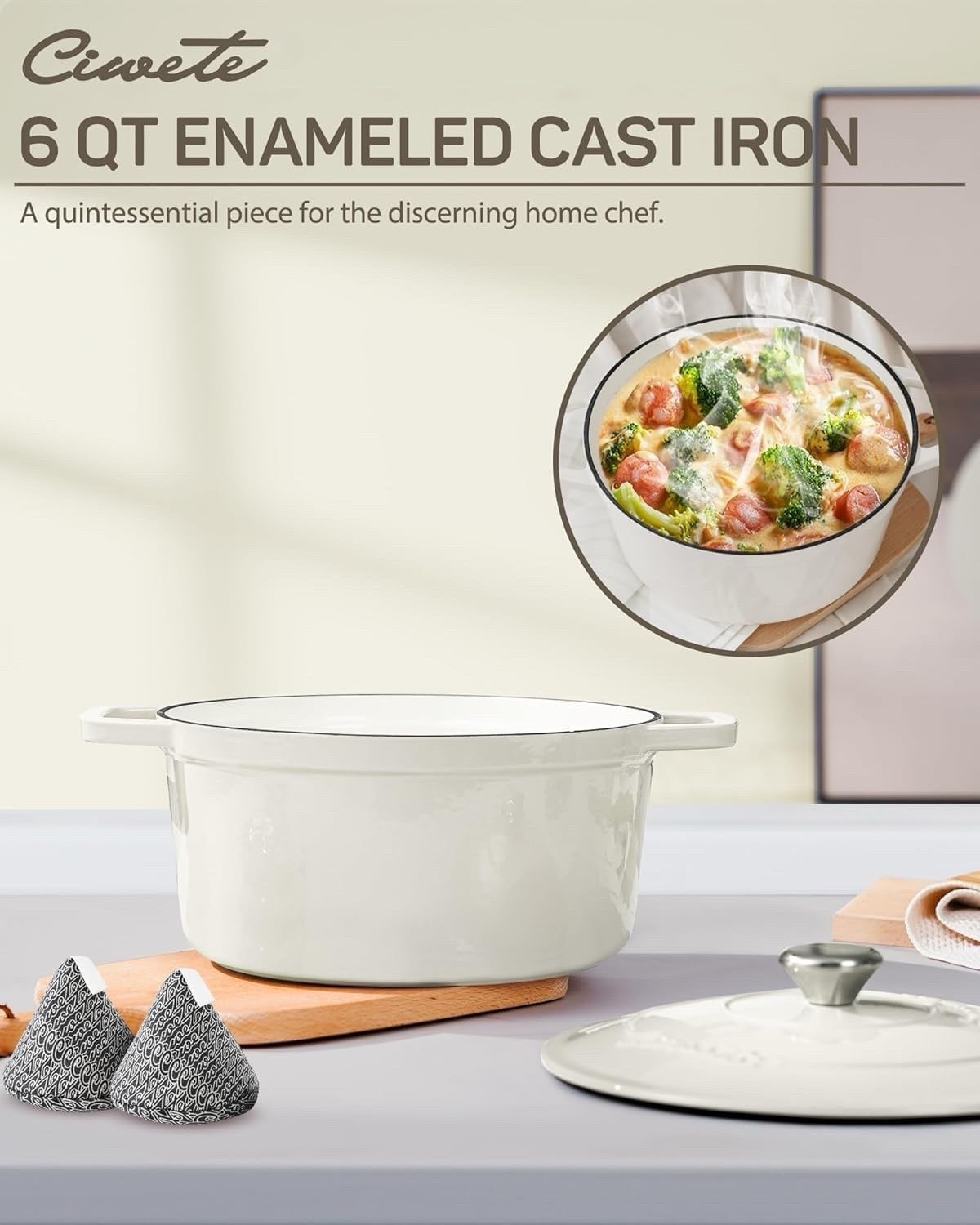 Ciwete 6QT Enameled Cast Iron Dutch Oven Pot w/ Lid Bread Baking Braiser White