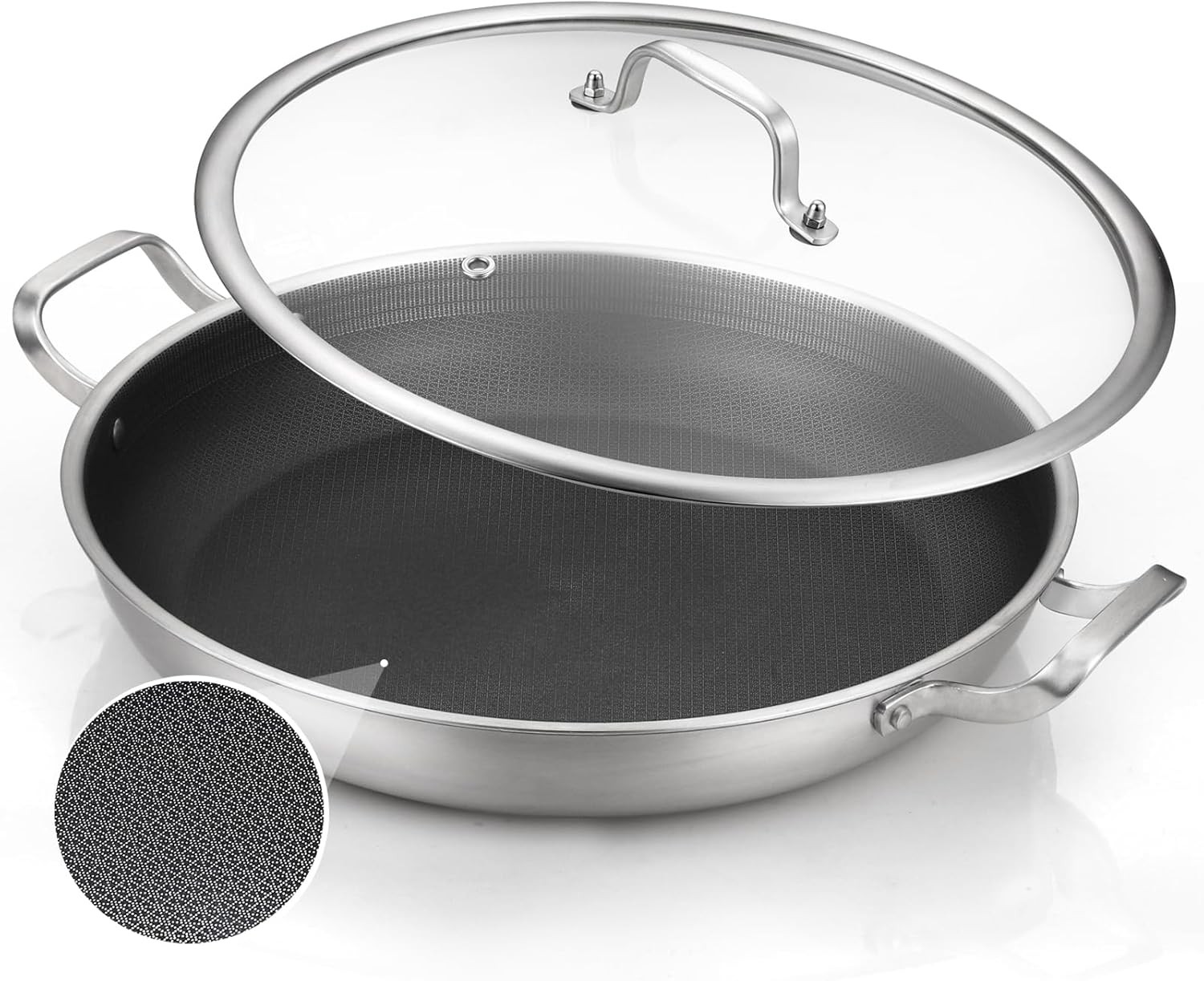 DELARLO Paella Pan 14 Inch Tri-Ply Stainless Steel Paella Pan with Lid Nonstick