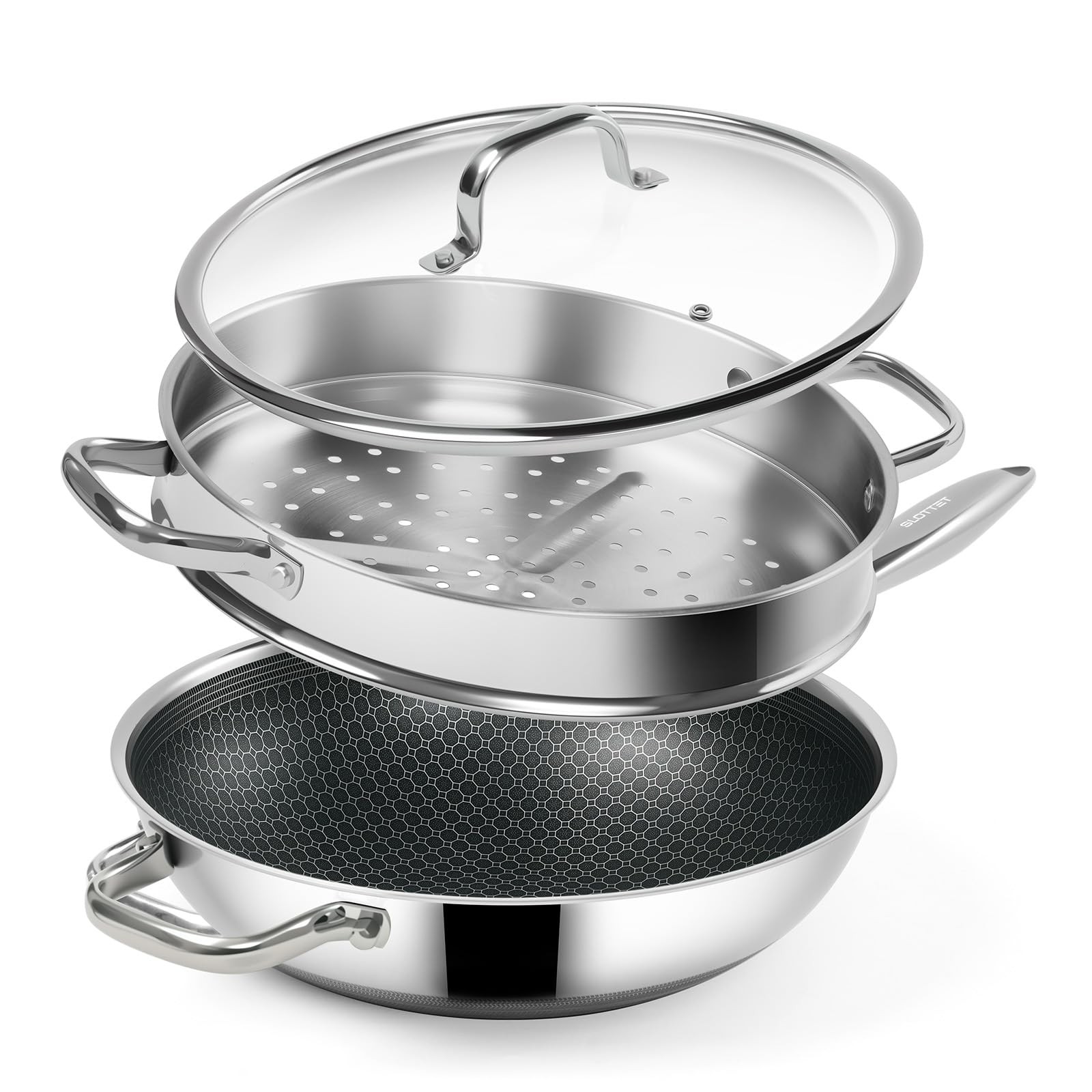 Hybrid 12-Inch Wok with Steamer,Nonstick Stainless Steel Woks & Stir-fry pans wi