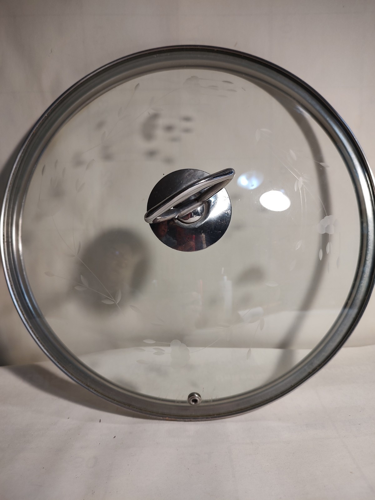 Beautiful 12″ Etched Glass And Stainless Steel Skillet/Pot Lid. Vented. VGC