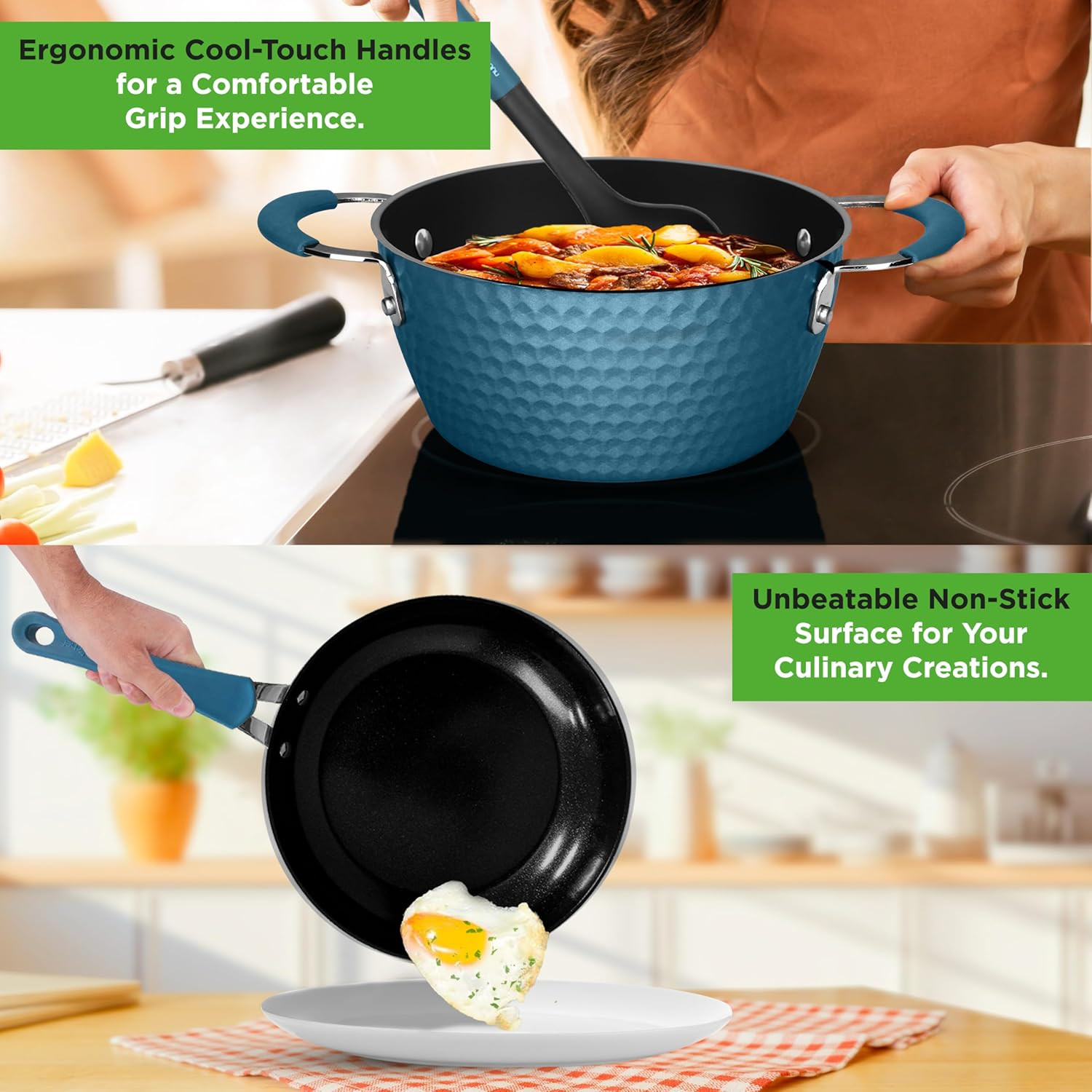 11 Pc Pots and Pans Set – Non Stick Cookware Set with Ceramic Coating, Ergonomic