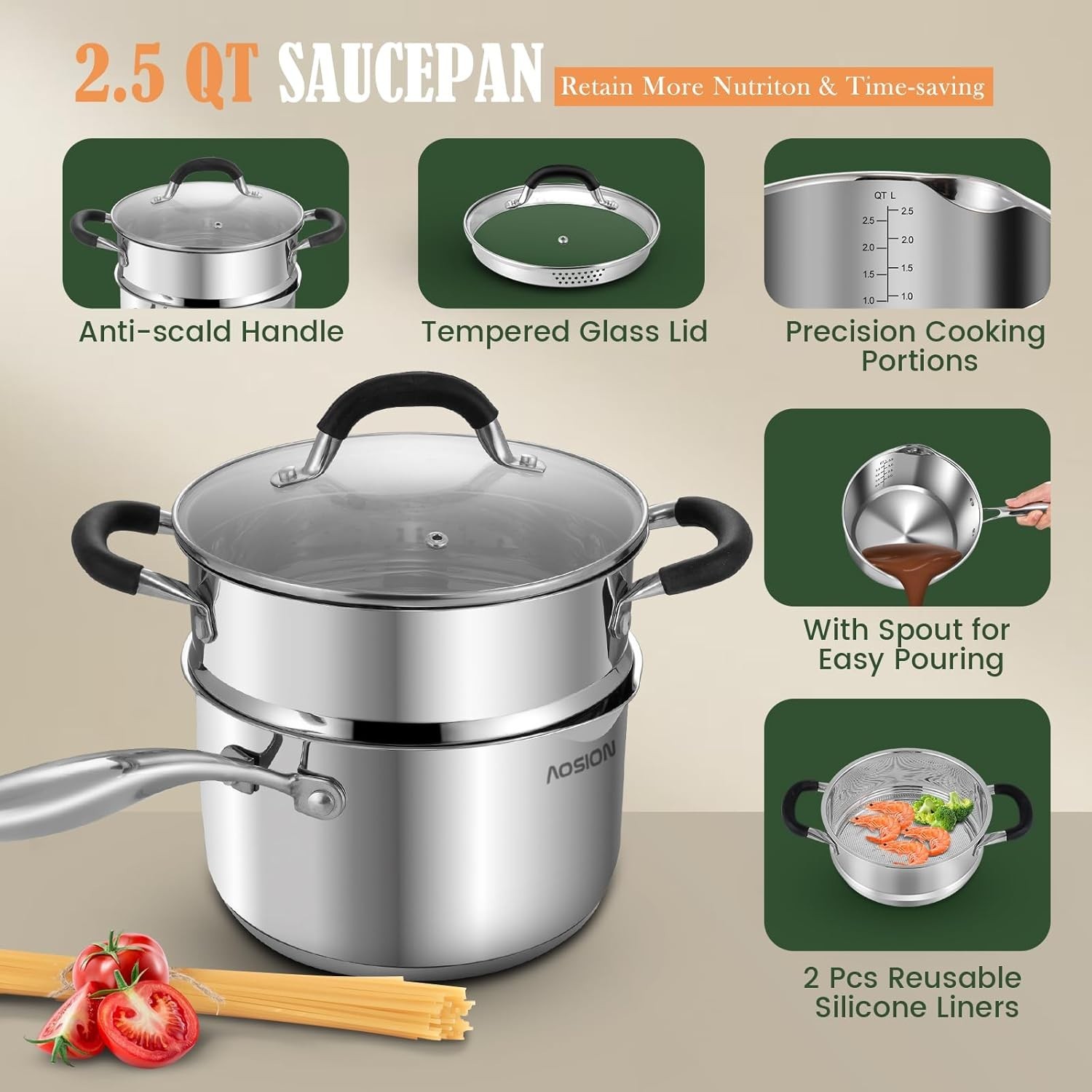2.5 Quart Stainless Steel Saucepan with Steamer Basket,Small Pots for Cooking