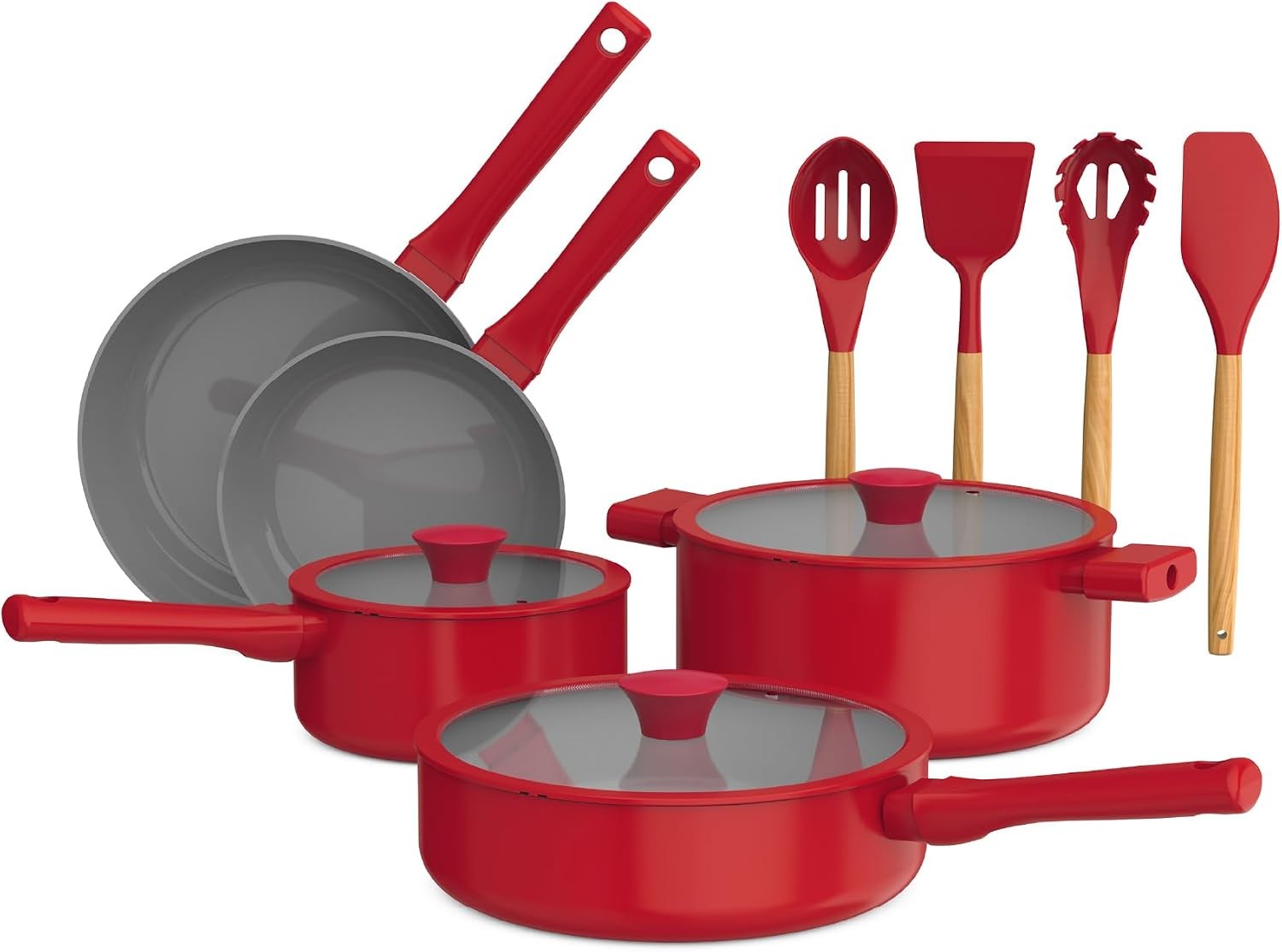 12 Piece Cookware Set Ceramic Nonstick Coating​ & Silicone & Wood Utensils