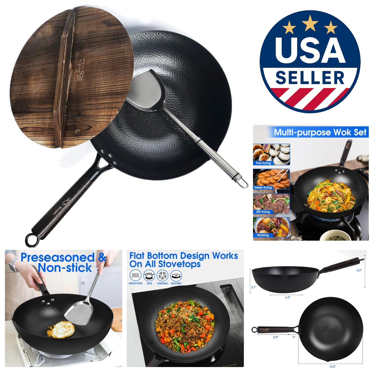 Luxury 12.5-Inch Carbon Steel Wok Set – Lid, Spatula, and User Guide Included