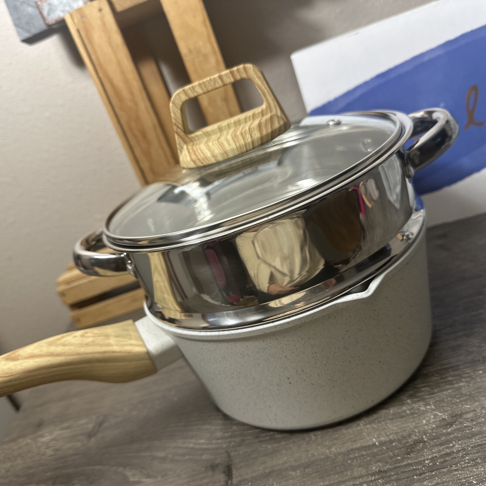 Earth Elements 2.5 Quart Sauce Speckled Pot With Steamer Cookware New In Box