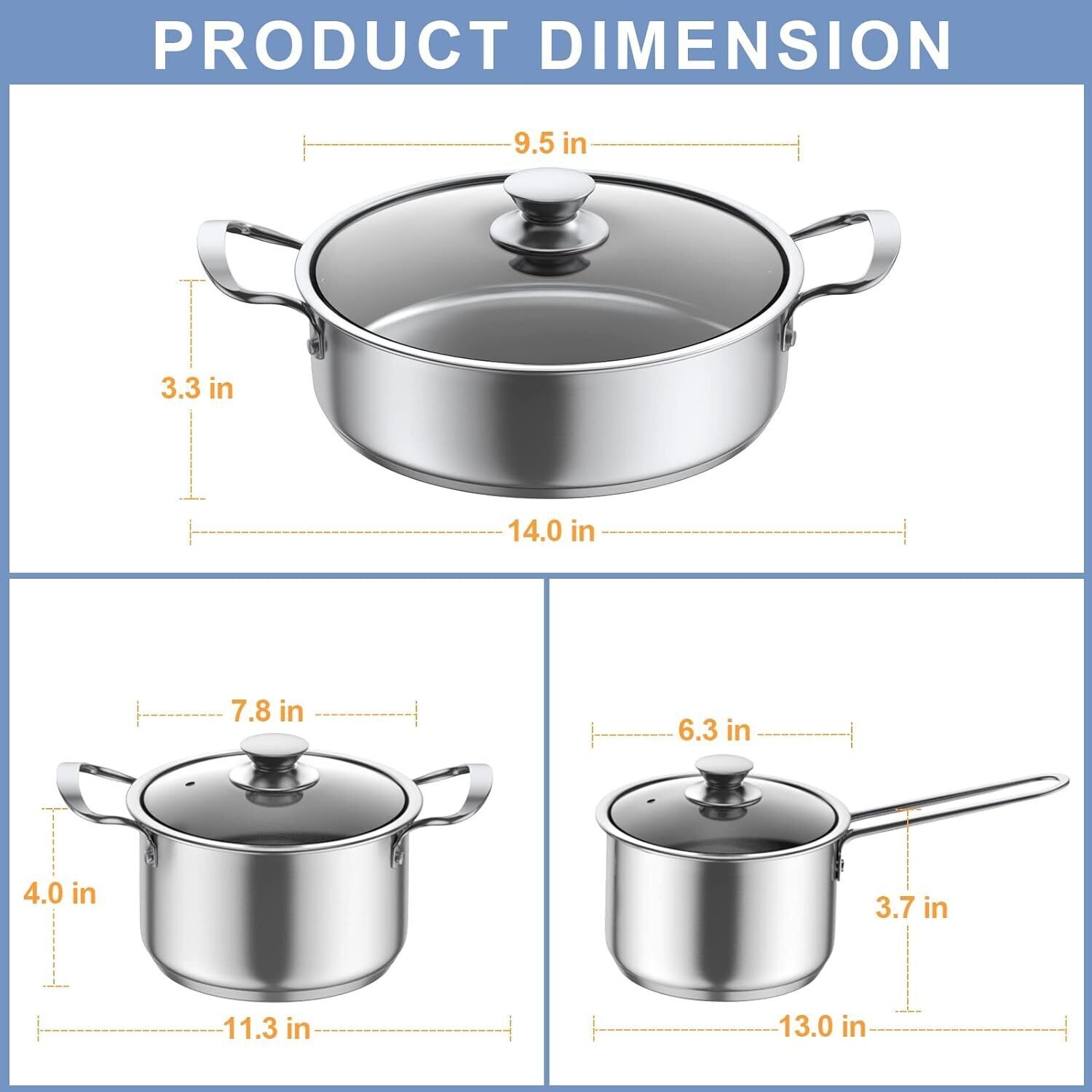Stainless Steel Pots & Pans Set 6 Pcs Nonstick Kitchen Induction Cookware Silver