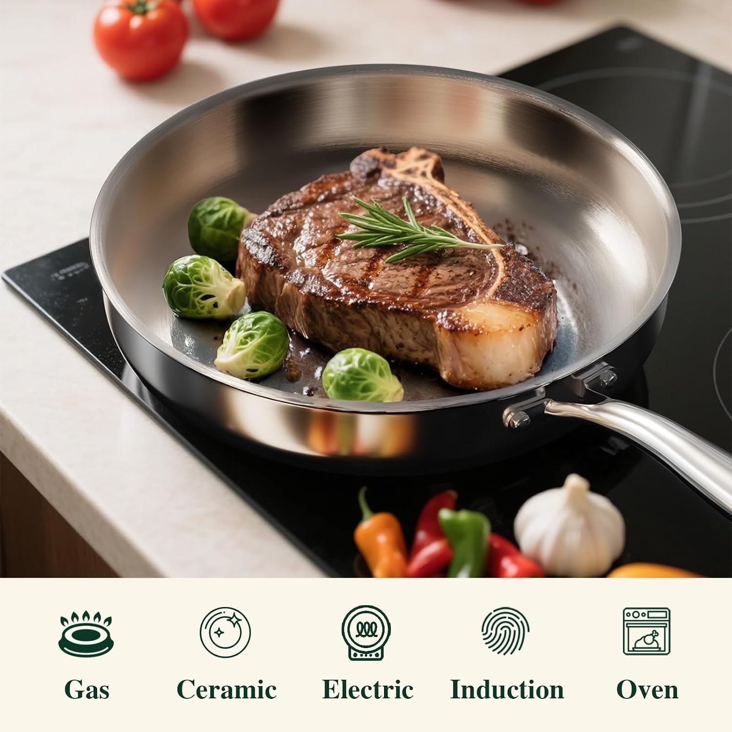 12 Inch Tri-Ply Stainless Steel Frying Pan, Frying Pan with Lid, PFOA/PTFE Fr…