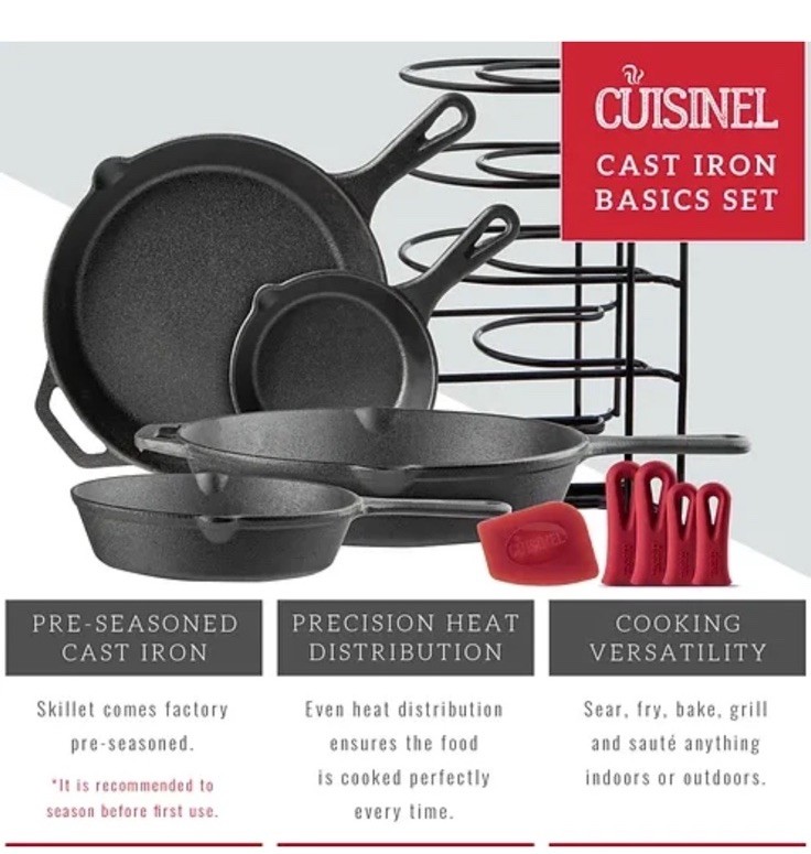 CUISINEL Chef’s Basic 5 Piece Cast Iron Set CB-503 – Black Plus Accessories NEW