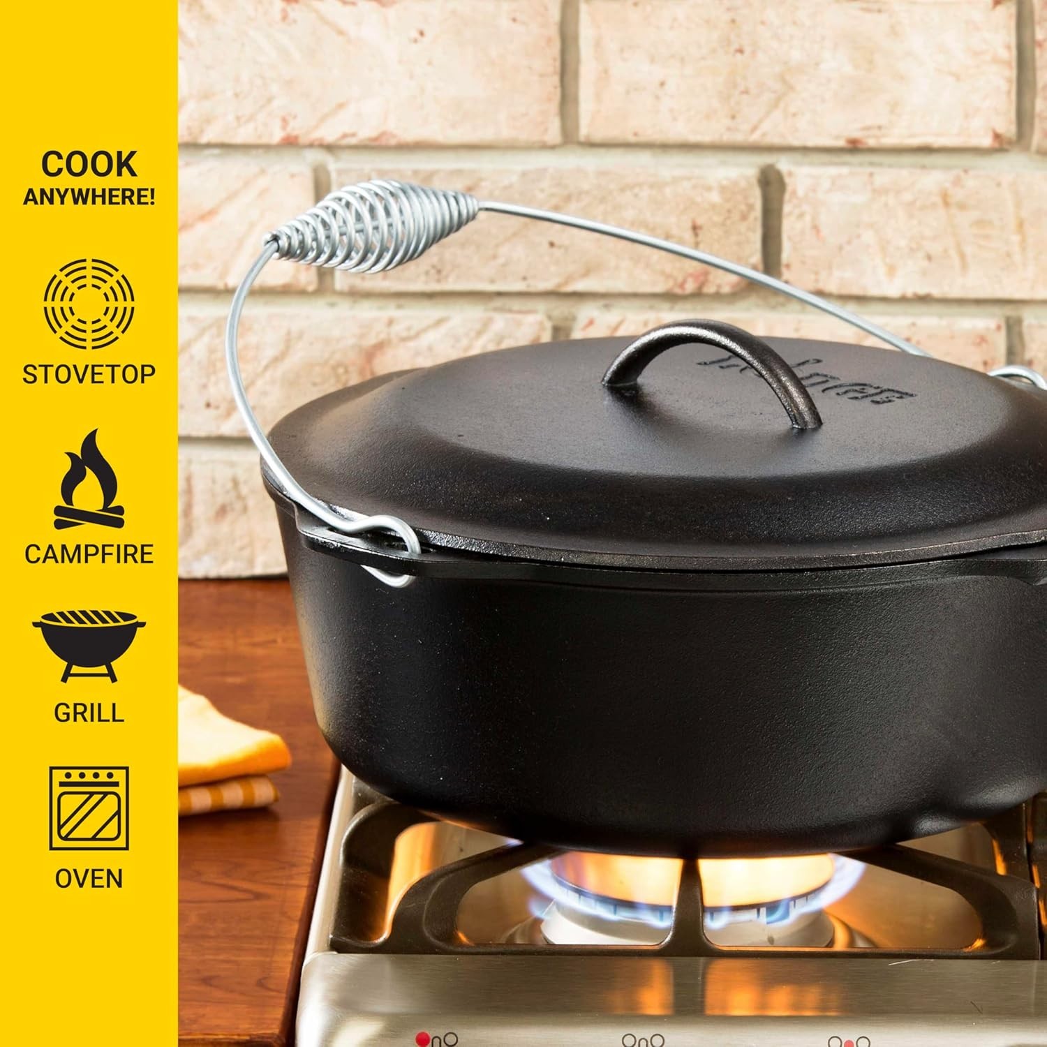 9 Quart Pre-Seasoned Cast Iron Dutch Oven with Lid, Wire Bail Handle, Black