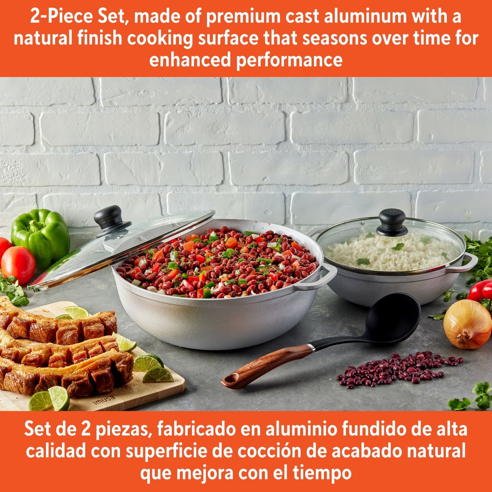 2.5/7.0qt Cast Aluminum Caldero 2pc Set W/ Glass lid 22/30cm