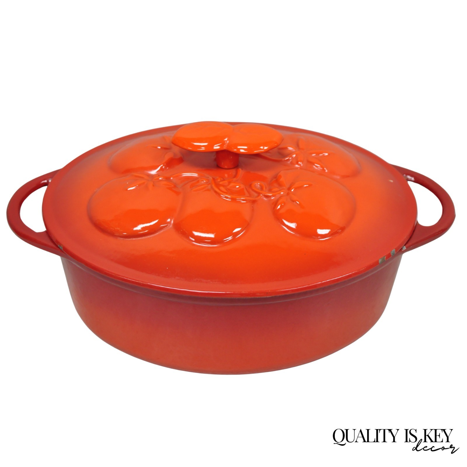 Technique 4 Quart Red Cast Iron Dutch Oven Covered Pot with Tomato Design on Lid