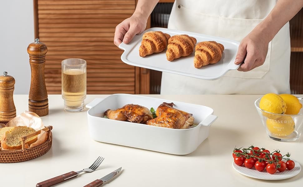 Baking Dish, 9×13 White Casserole Dish with Lid, Ceric Baking Dish for