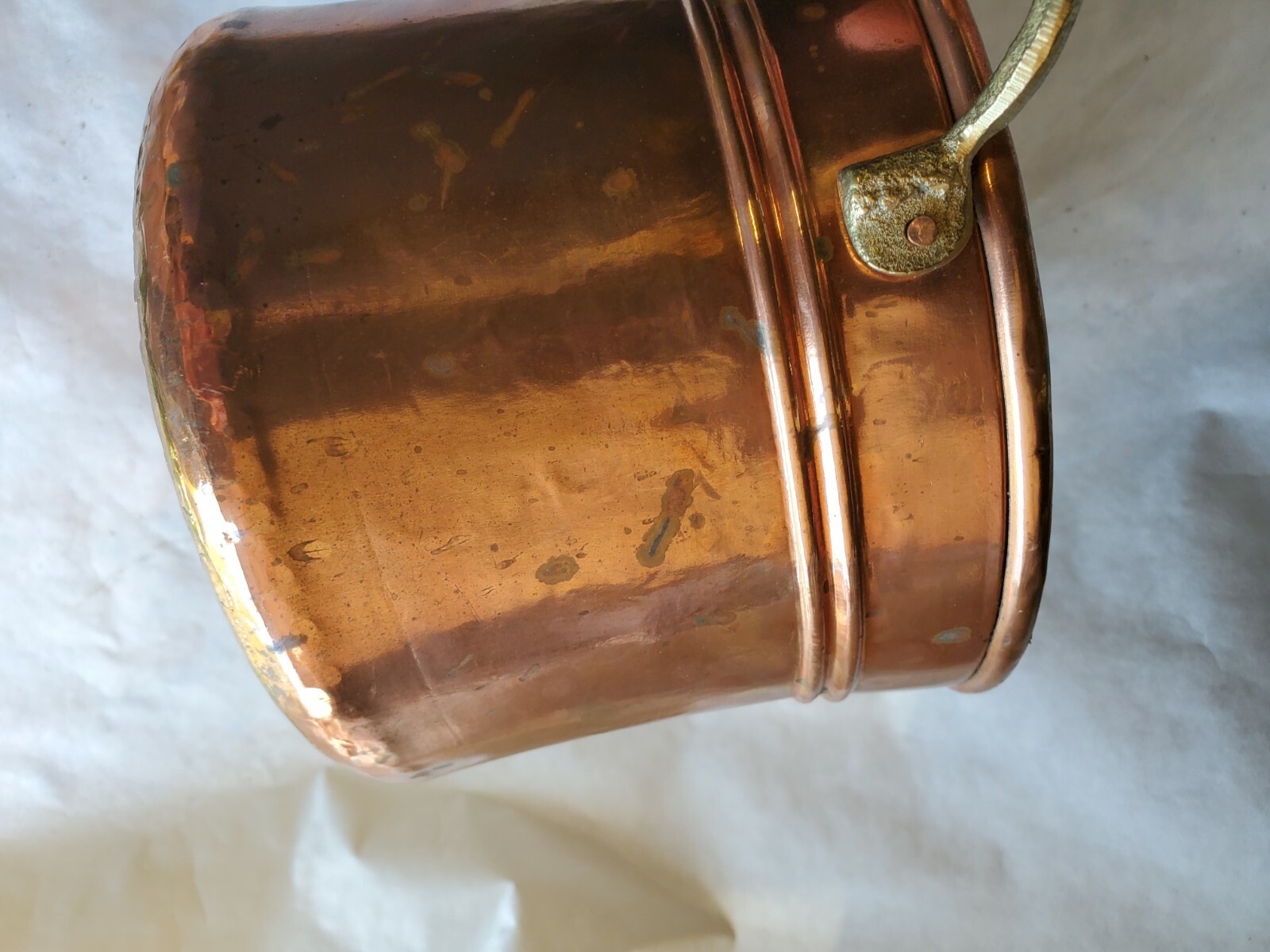 Small Copper Stock Pot 7” Dia. X 5-1/2″ Deep Brass Handle Riveted Handle
