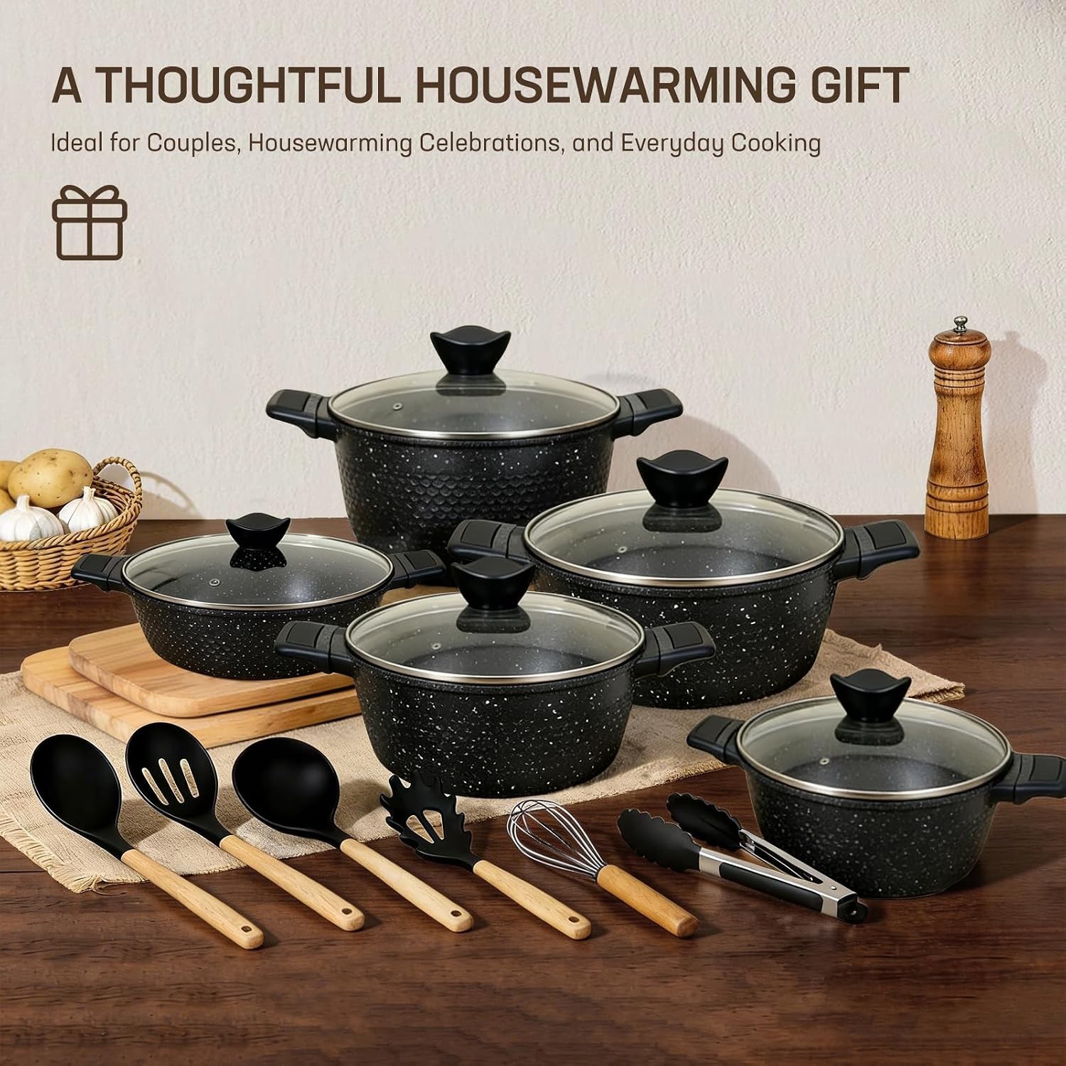 16PCS Cookware Set – Home Nonstick Stock Pot with Glass Lid, Pots and Pans Set,
