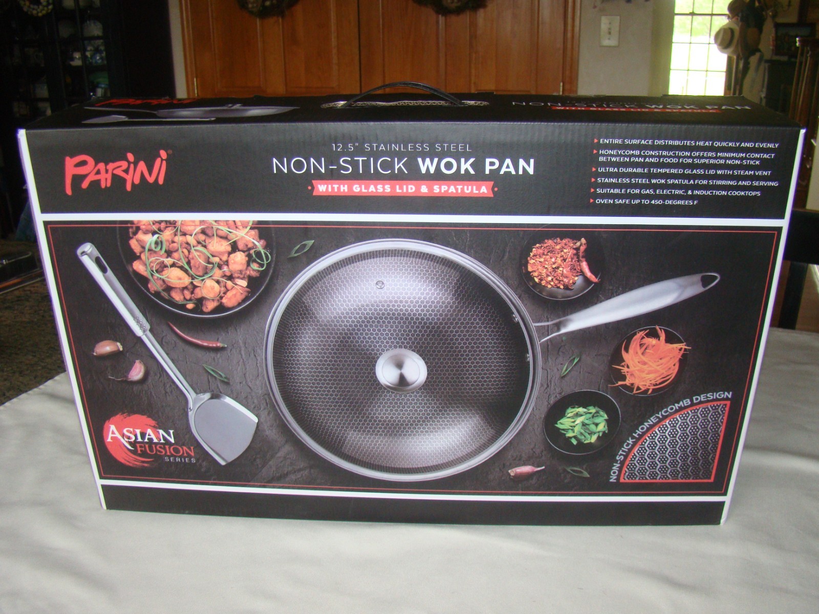 Parini 12.5″ Stainless Steel Honeycomb Non-Stick WOK Pan Glass Lid & spatula NIB