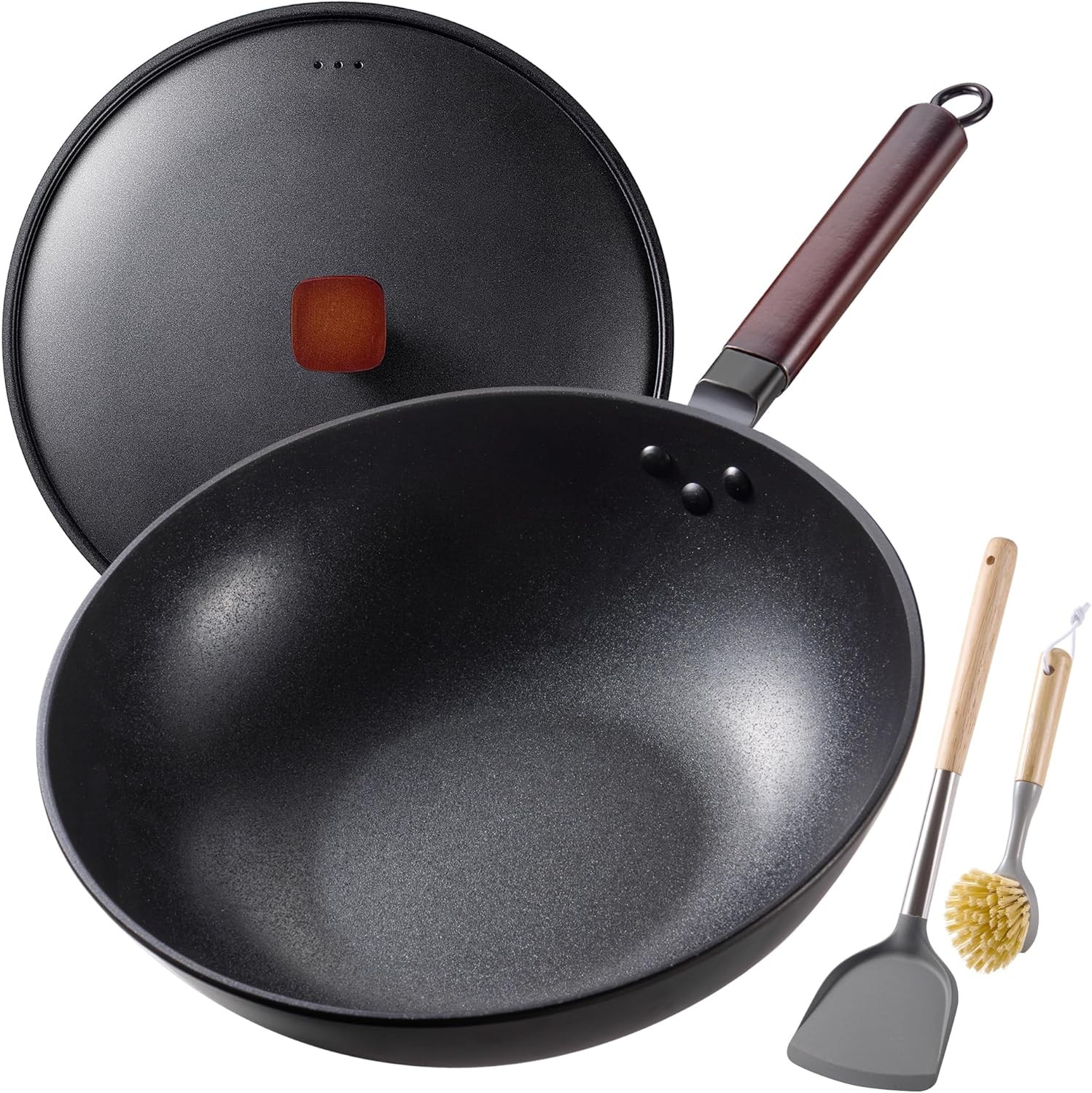 Carbon Steel Wok -13 Inch Woks & Stir-fry Pans Nonstick, Wok Pan with Lid
