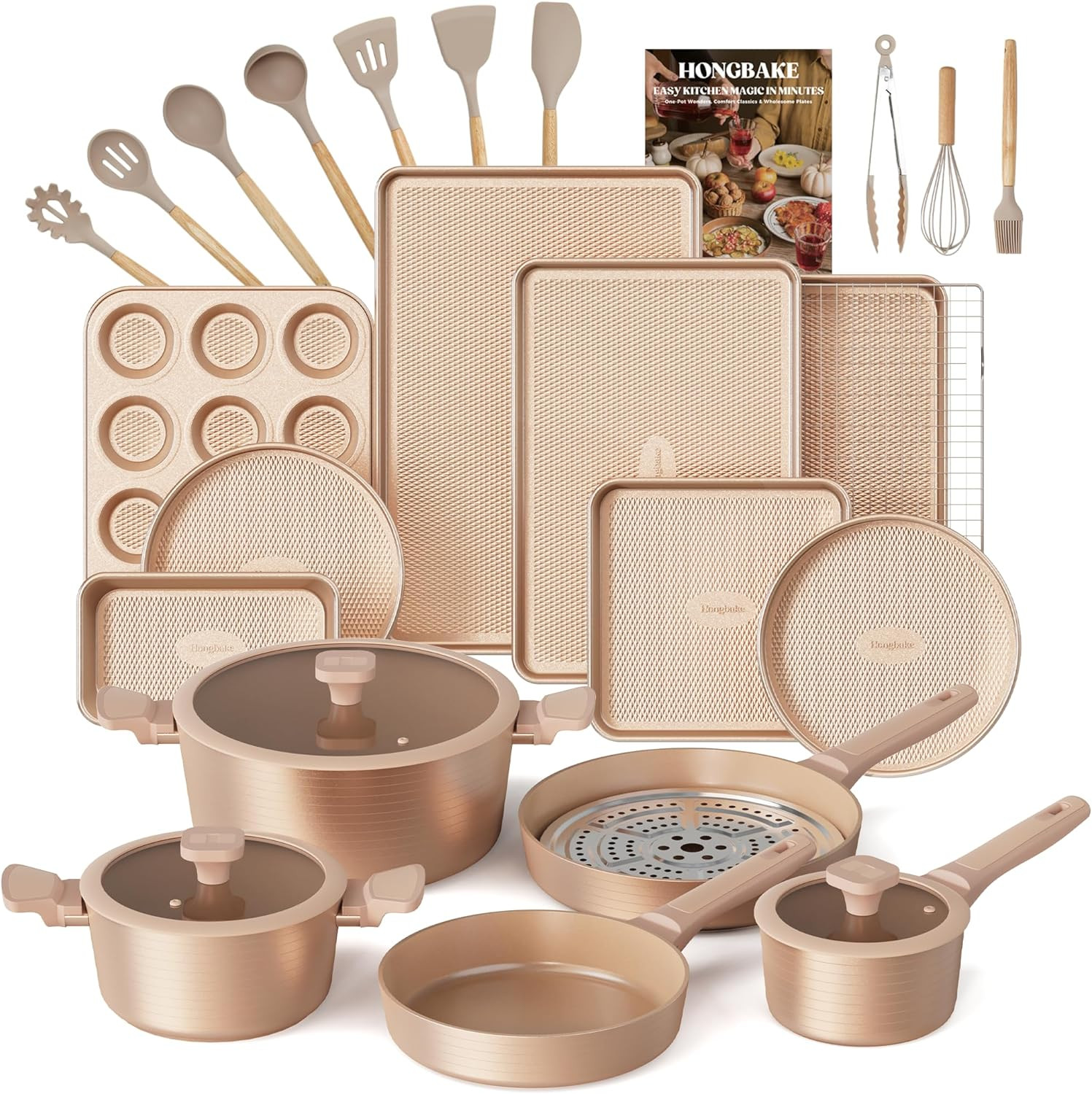 26-Piece Non-Stick Ceramic Cookware Set with Silicone Utensils, Gold