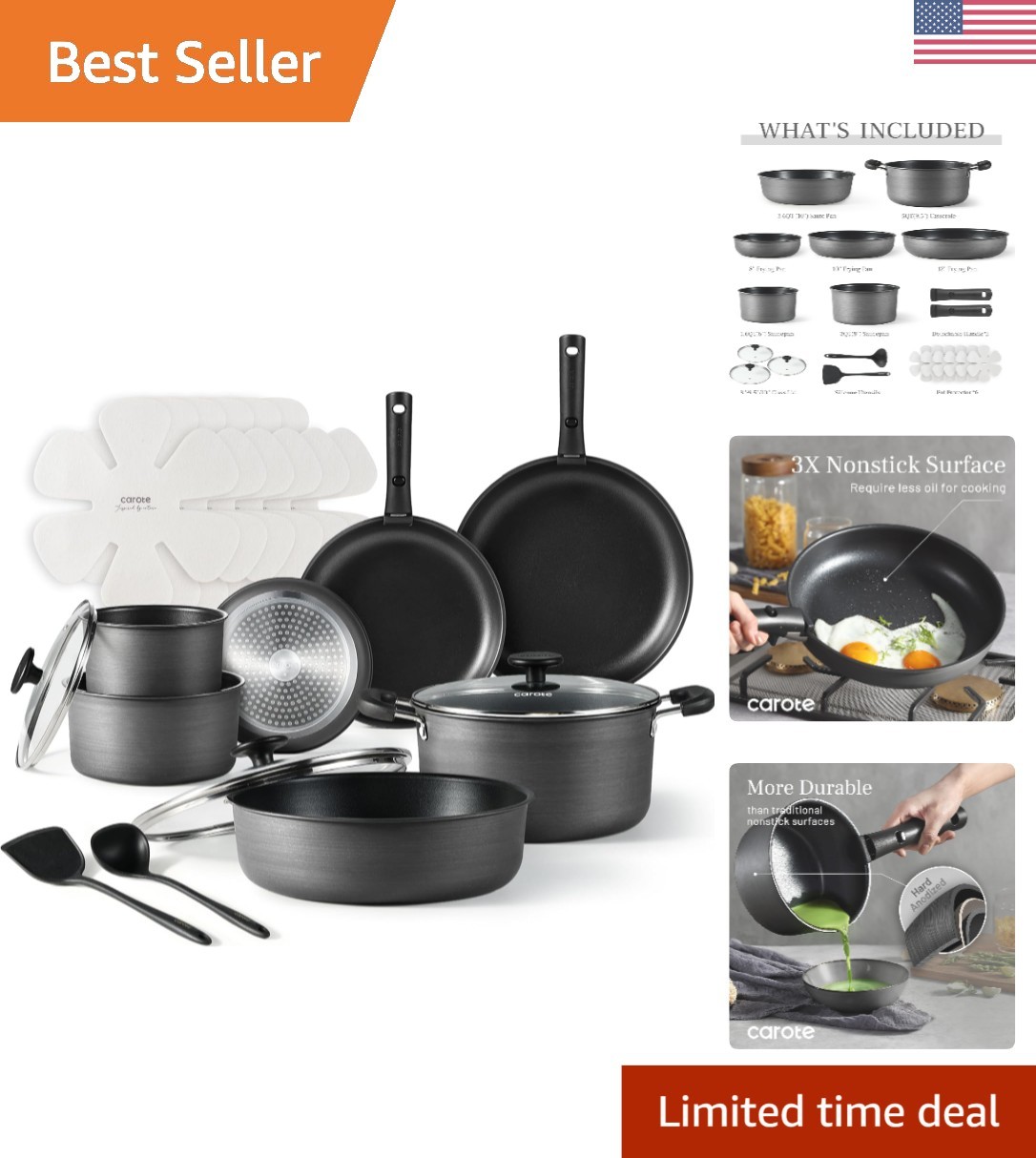 20-Piece Non-Stick Cookware Set – Hard Anodized Detachable Handle