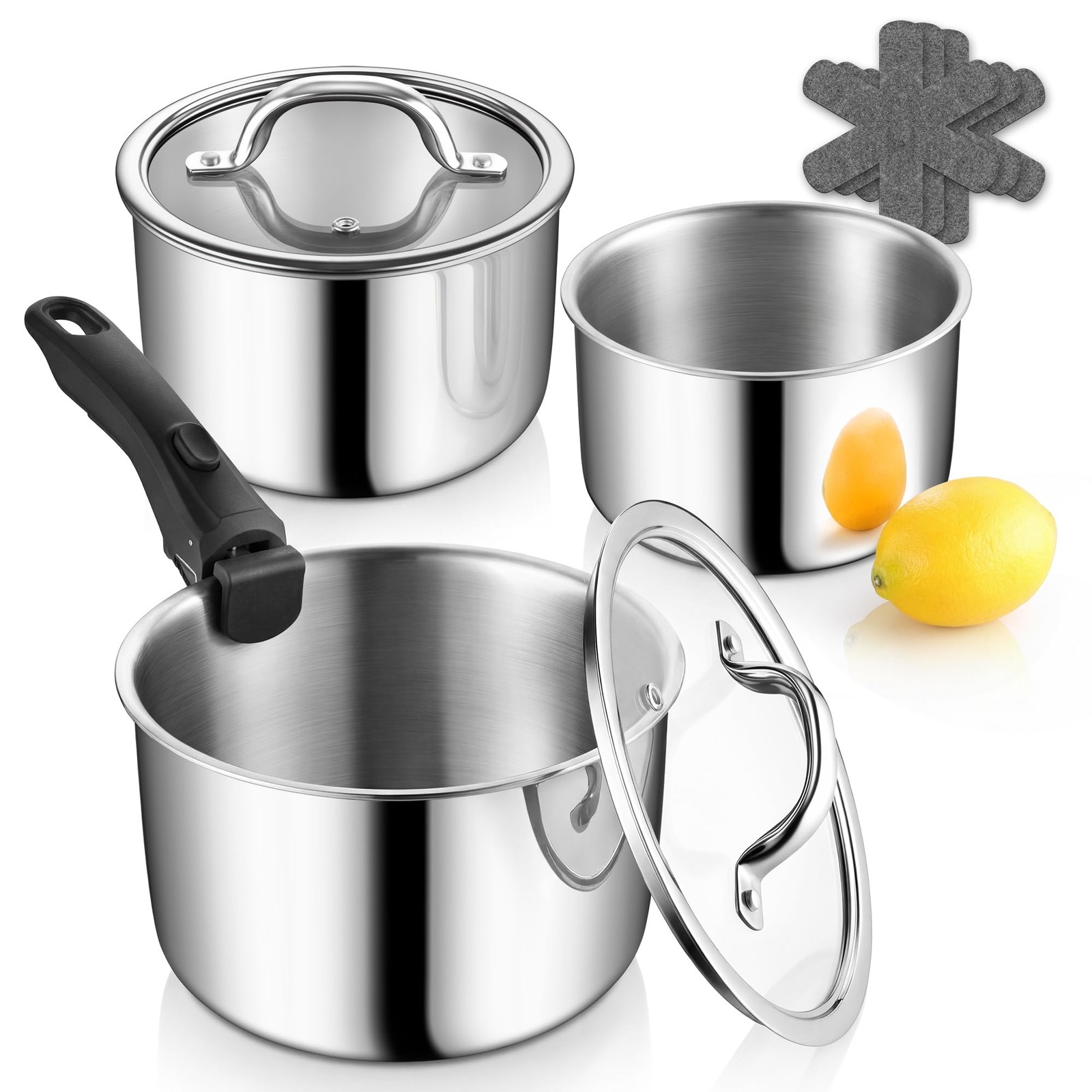 Tri-Ply Cooking Pots and Sauce Pans, 9Pcs Stainless Steel Cookware Set with R…