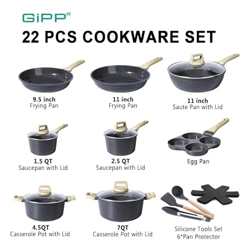 GiPP 22Pcs Nonstick Pots Pans Set Dark Gray PFAS Free