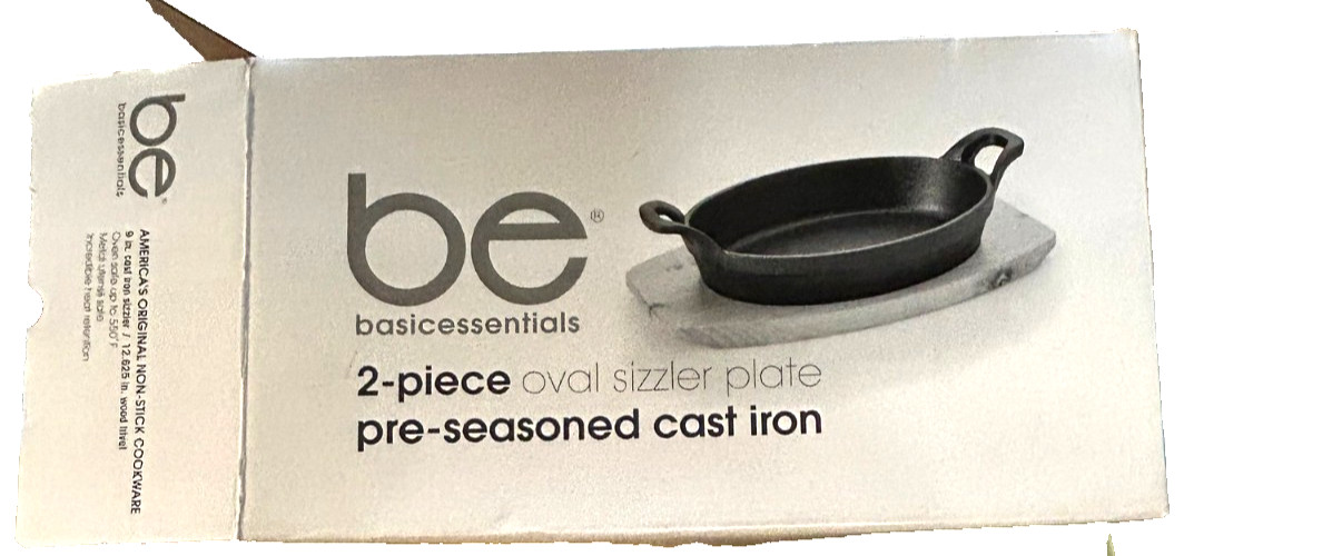 Basic Essentials 2 Piece Pre Seasoned Cast Iron Oval Sizzler Set W/ A Wood Tray
