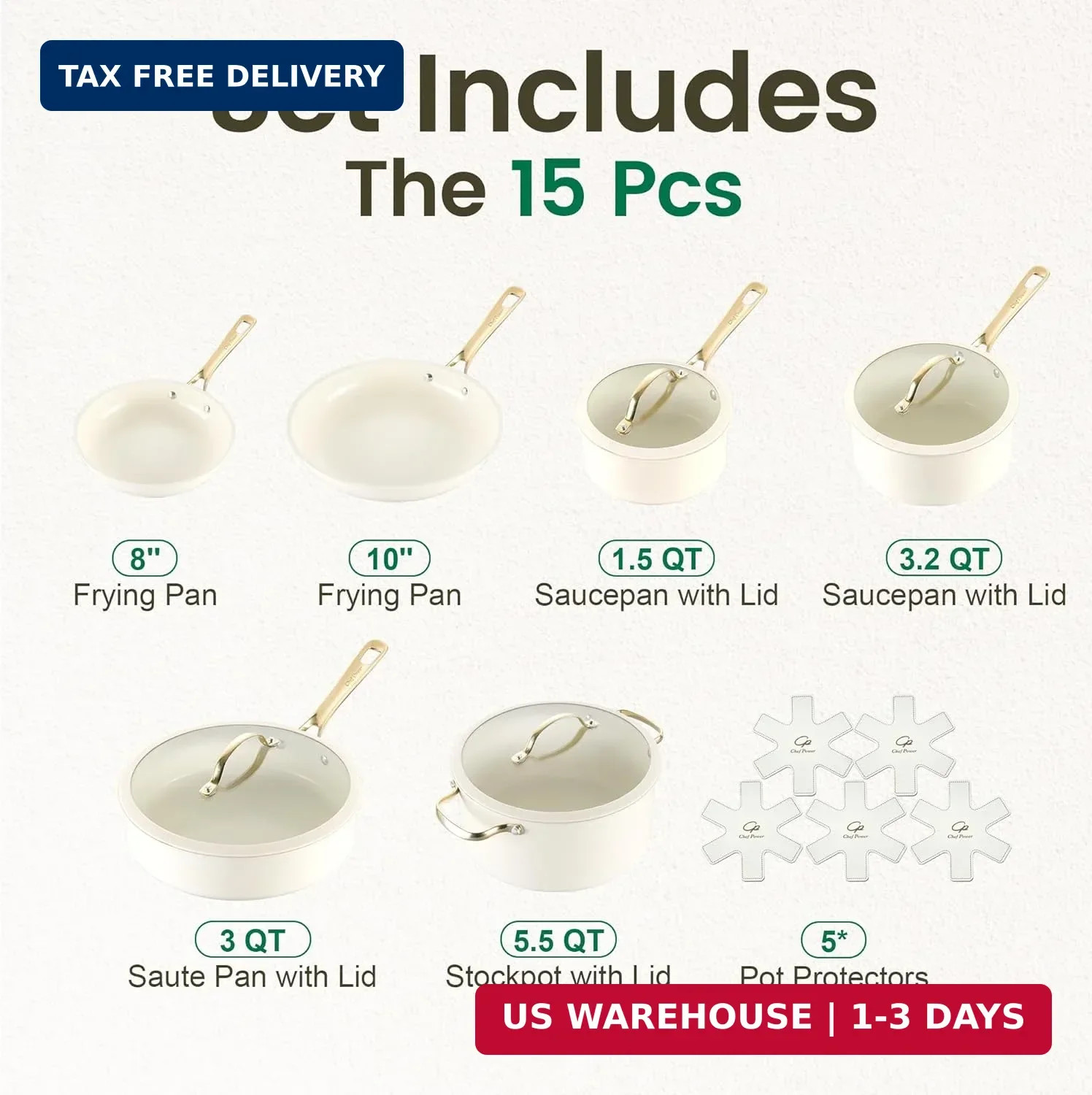 Chef Power Ceramic Cookware Sets, 15Pcs Pots and Pans Set Non Stick, Cookware Se