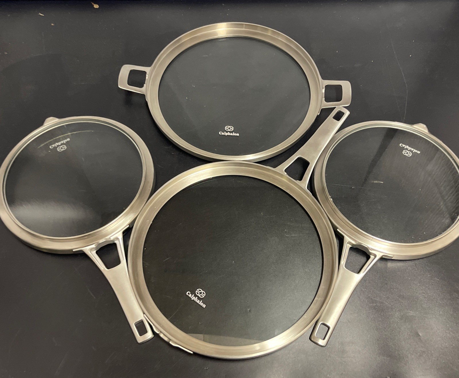 Calphalon Lot of 4 Space Saving Flat Glass Lids For Pots & Pans