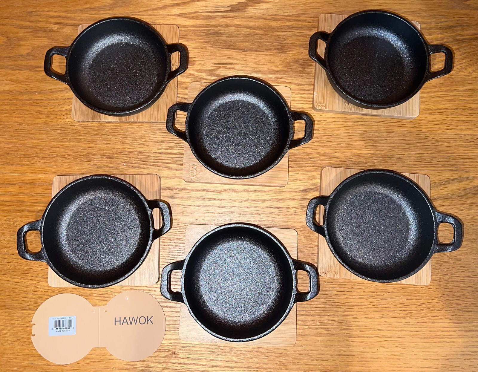 HAWOK Cast Iron Mini Serving Bowl 4.7” with Bamboo Tray/Trivet, Set 6 Casseroles