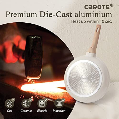 CAROTE 8 Inch Non Stick Frying Pan with Lid,White Assorted Colors , Sizes