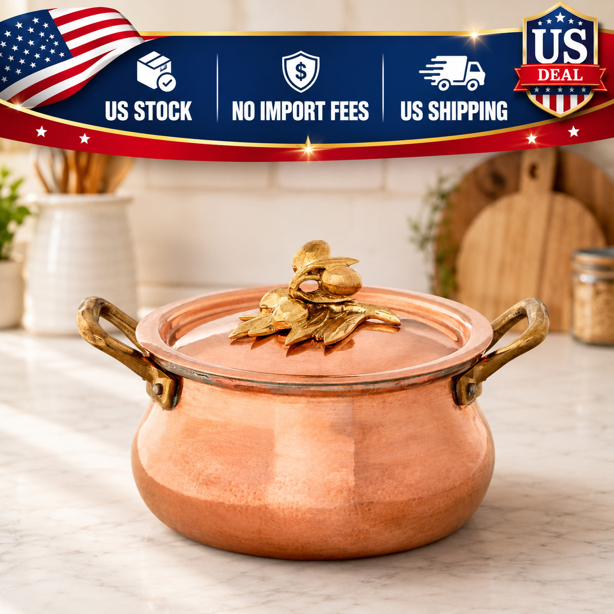 Ruffoni Historia Hammered Copper Stock Pot Olive Knob 3.5 Qt Cookware