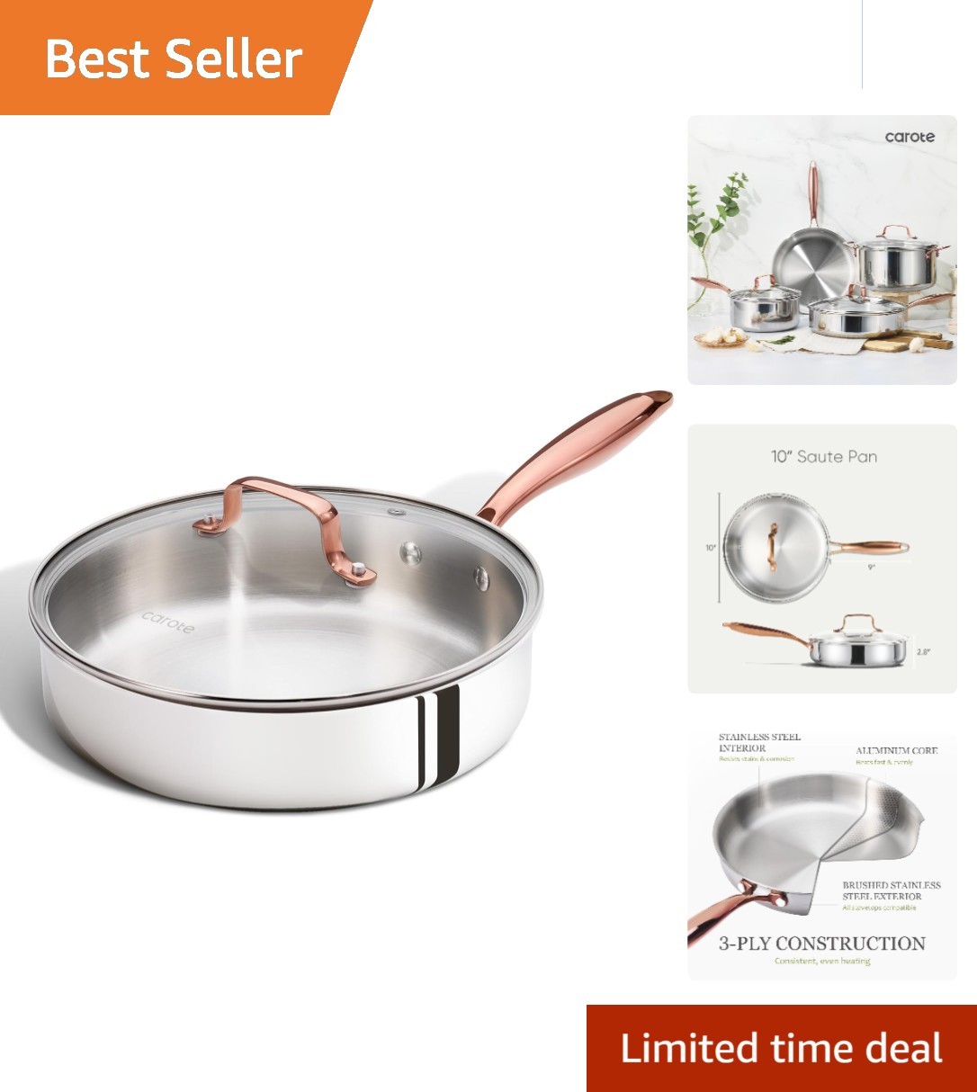 10″ Stainless Steel Saute Pan with Lid – Non-Toxic & Oven Safe Cooking