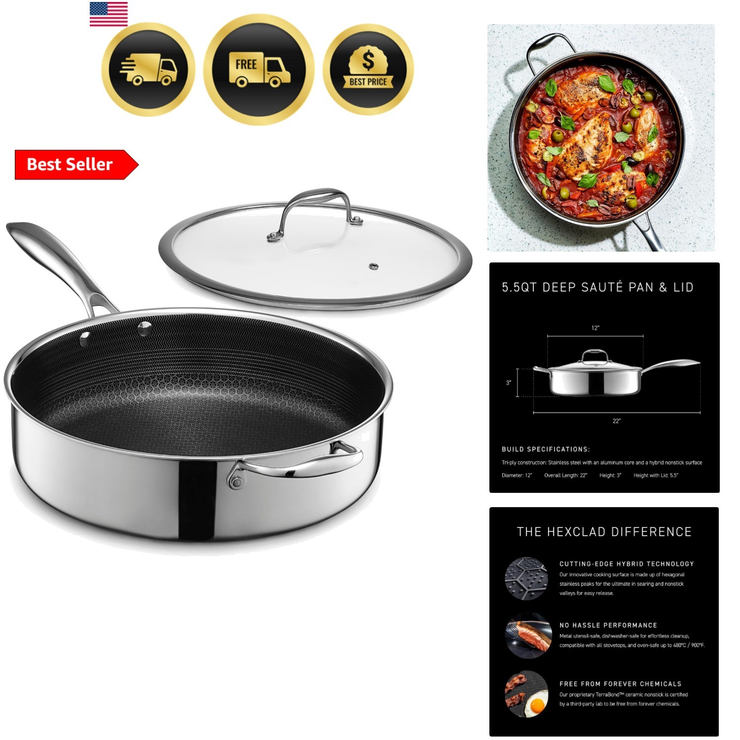 Hybrid Nonstick 5.5-Quart Deep Sauté Pan with Tempered Glass Lid, Stay-Cool H…