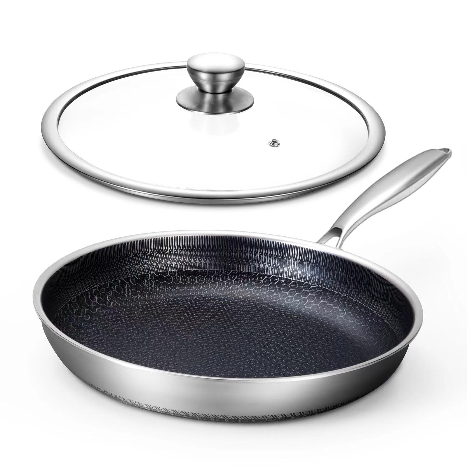 Non Stick Frying Pans, Hybrid 12 Inch Frying Pans Nonstick with Lid, Stainles…