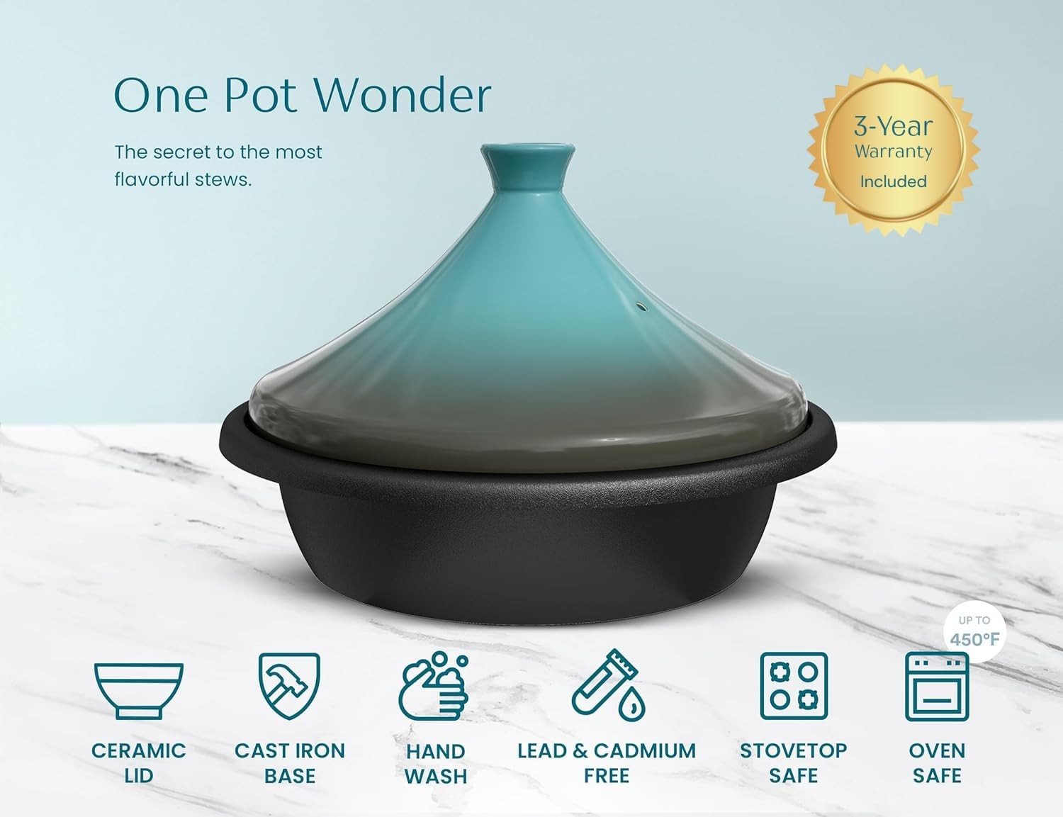 KooK Moroccan Tagine, Enameled Cast Iron Cooking Pot, 3.3 QT, Stone Blue