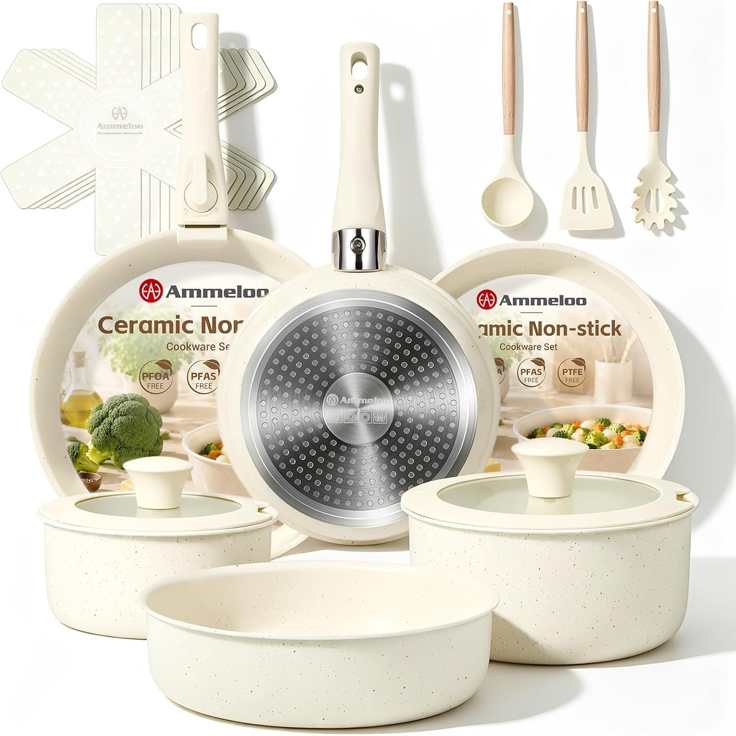 Ammeloo 20-Pc Nonstick Ceramic Cookware Set, Removable Handle
