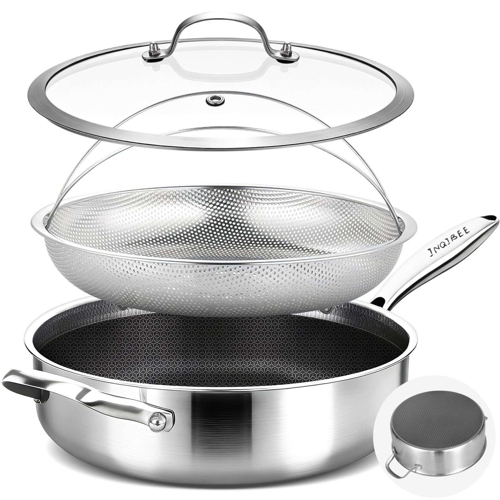 7 QT Hybrid Nonstick Saute Pan with Lid, Long Handle Tri-Ply Stainless Steel …