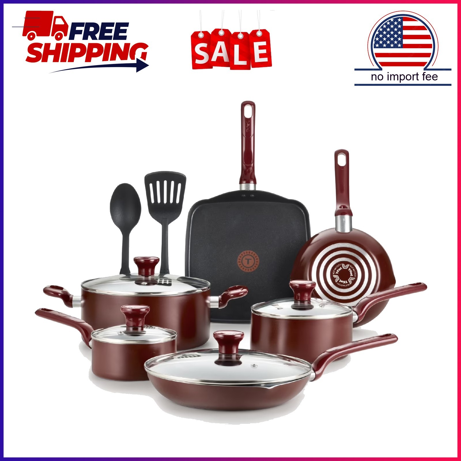 T-fal Easy Care 12-Piece Non-Stick Cookware Set, Pots and Pans, Red