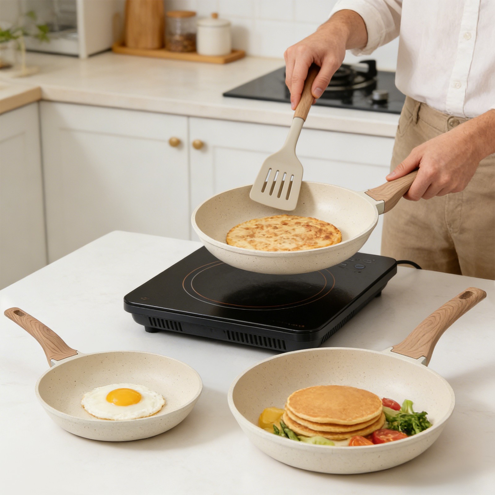 3-Piece Aluminum Nonstick Frying Pan Set Kitchen Healthy Cookware Pan Beige