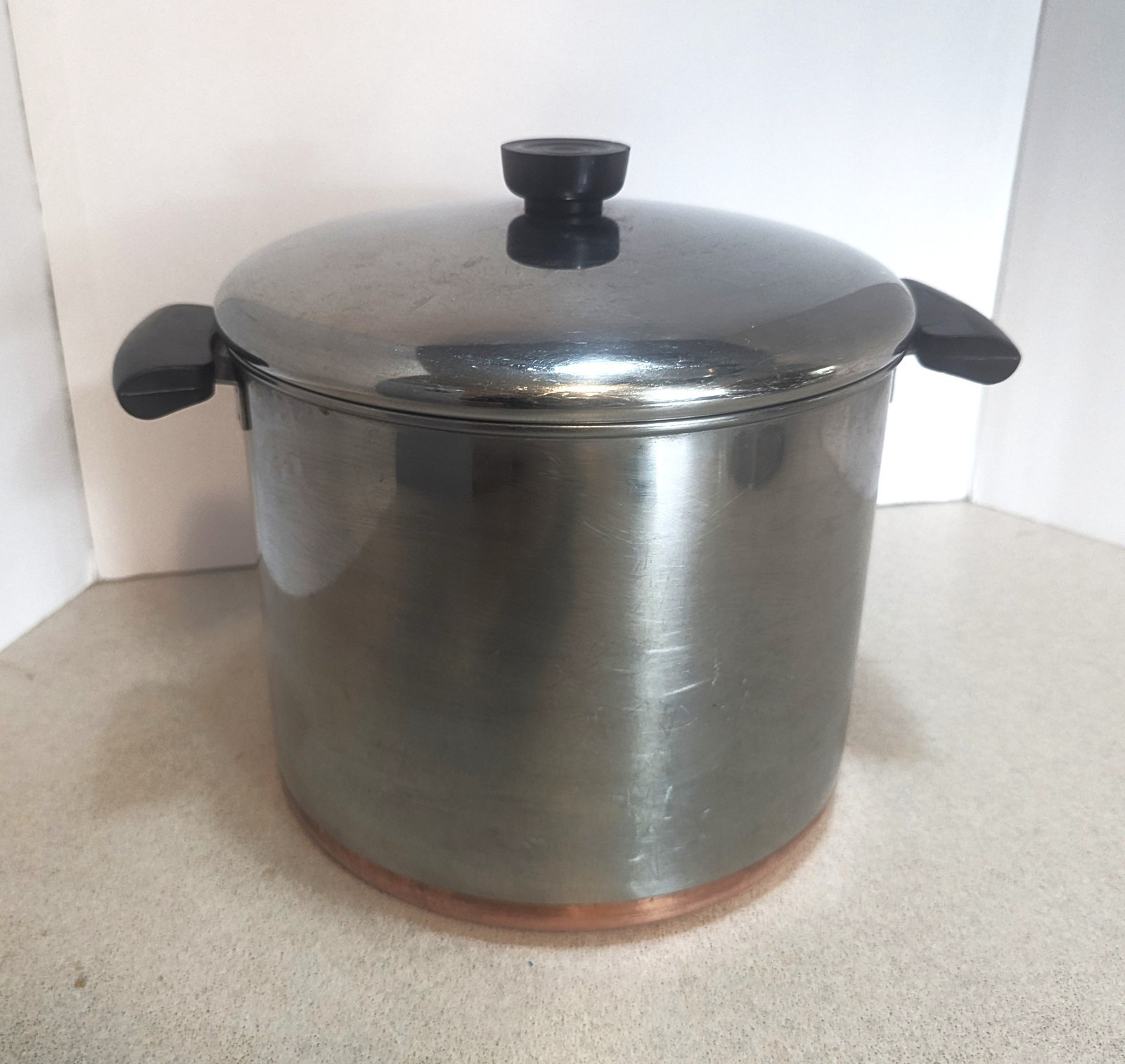 Vintage Pre 1962 Revere Ware Copper Clad 9”x8” 8qt Stock Pot w Lid Riverside CA