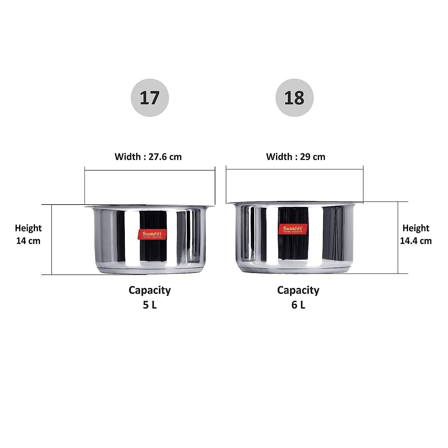 Stainless Steel Mirror Finish Cookware Tope With Lid Capacity 5, 6 Ltr Set of 2