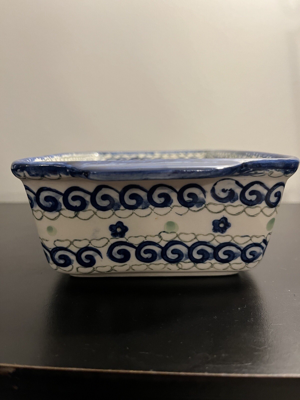 Nantucket 5”X8” Hand Painted Stoneware Baking Dish. Blue Swirls, Dots & Flowers