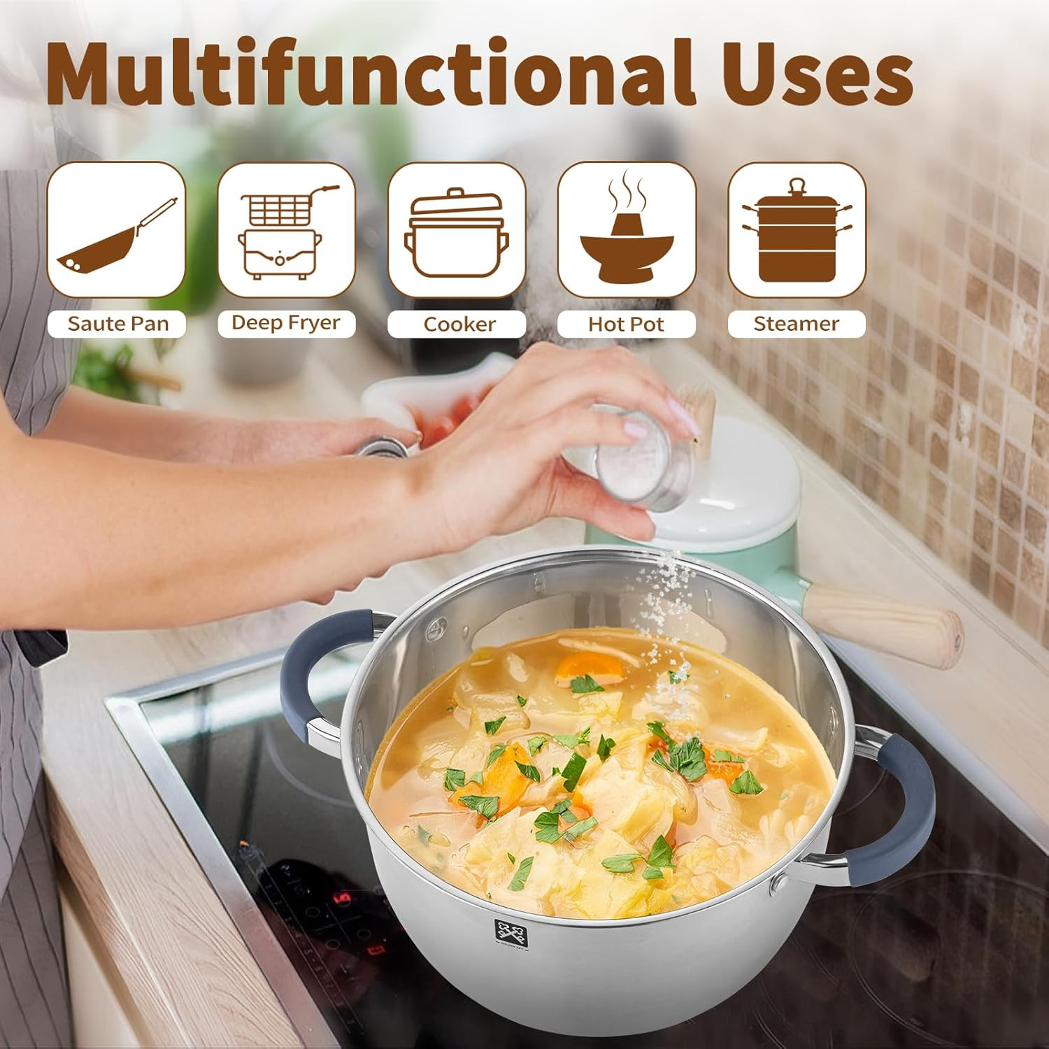 5.6 QT Steamer Pot with Lid,2-Tier Multipurpose 18/8 Steamer for Cooking with Ve