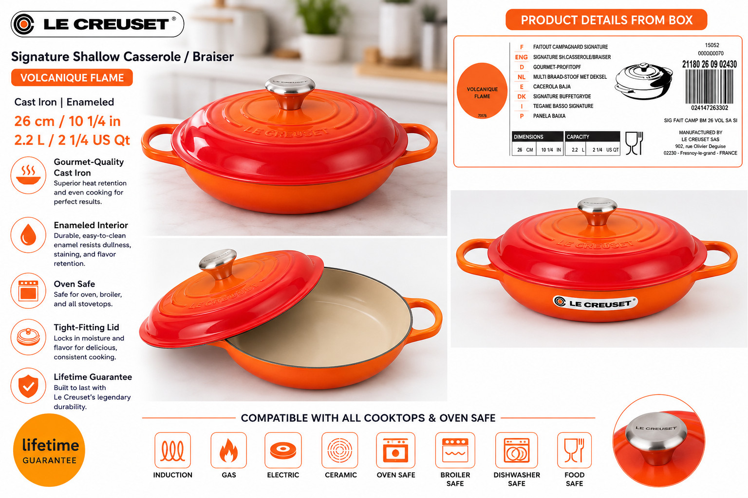 Le Creuset Signature Shallow Casserole Braiser 2.25 Qt — Volcanique/Flame